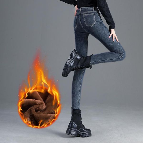 

winter stretch plush fleece skinny jeans women 2021 warm fashion casual high waist denim trousers thick slim pencil pants blue women's