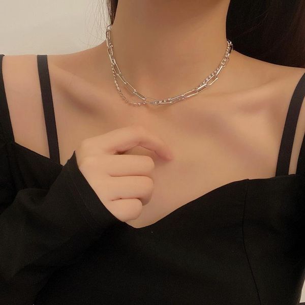

chains luokey personality hip hop punk metal layered necklace for women trendy silver color hollow rhinestone choker
