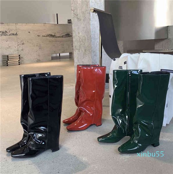 

boots thick heel patent leather pleated thigh women square toe brand design knee riding shoes, Black