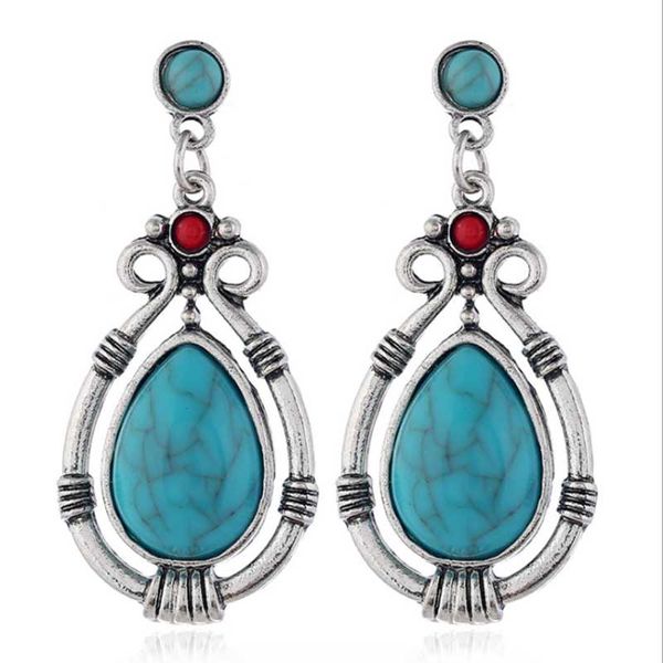 

stud silver plated water drop hollow earrings for women green turquoises stone jewelry, Golden;silver