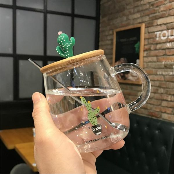 

mugs 400ml glass cup with lid spoon cactus transparent coffee mug personality creative trend couple for girls student