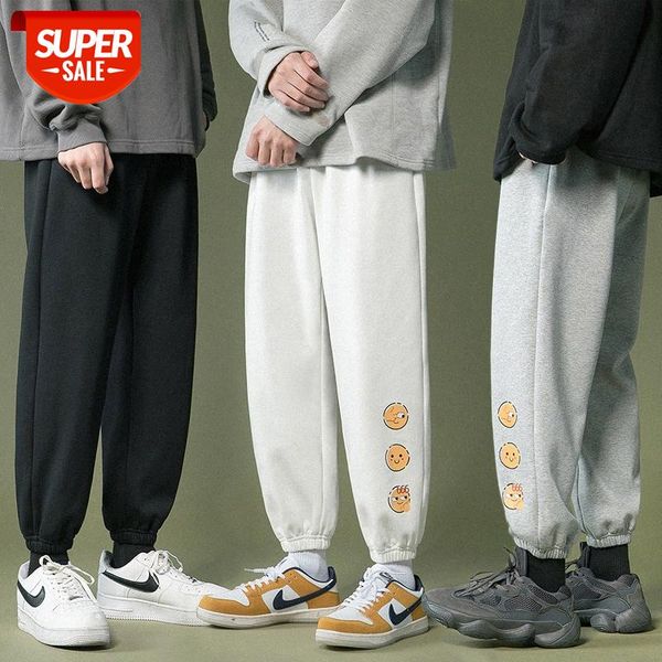 

smiley printed casual pants men's cropped loose straight legs #zz1o, Black
