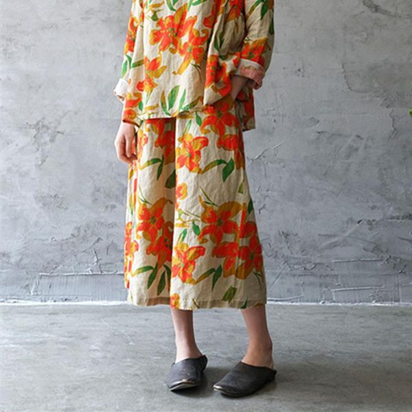

johnature 2021 spring vintage print women calf-length pants loose elastic waist patchwork linen thin straight women's & capris, Black;white