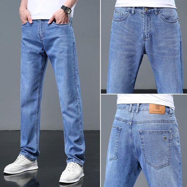 

men's jeans 2021 cotton business casual classic trousers light blue work pants straight loose large size 40 42