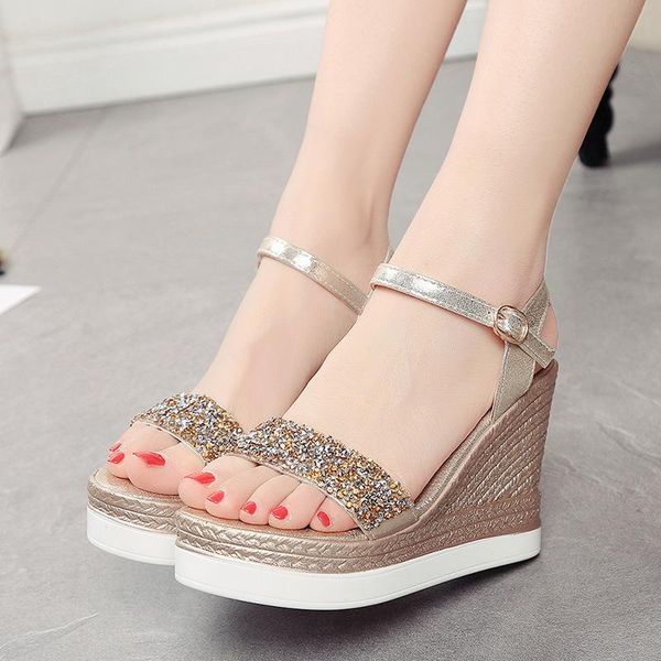 

elegant crystal bling platform wedges women sandals ankle strap buckle high gladiator ladies shoes solid summer, Black