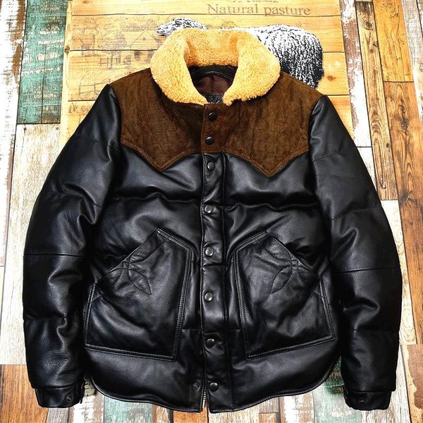 

men's leather & faux fur collar cowhide down bread jacket, Black