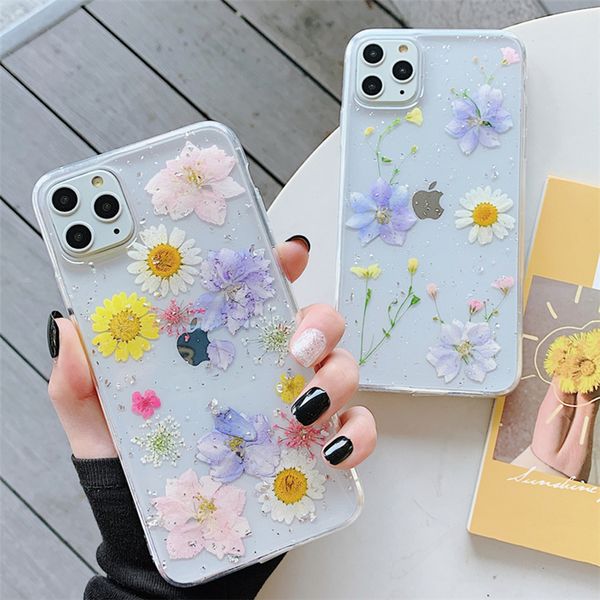 Giltter Daisy Dry Flower Handyhüllen für iPhone 12 11 Pro Xs Max Xr X 7 8 plus Clear Back Cover Soft Shell