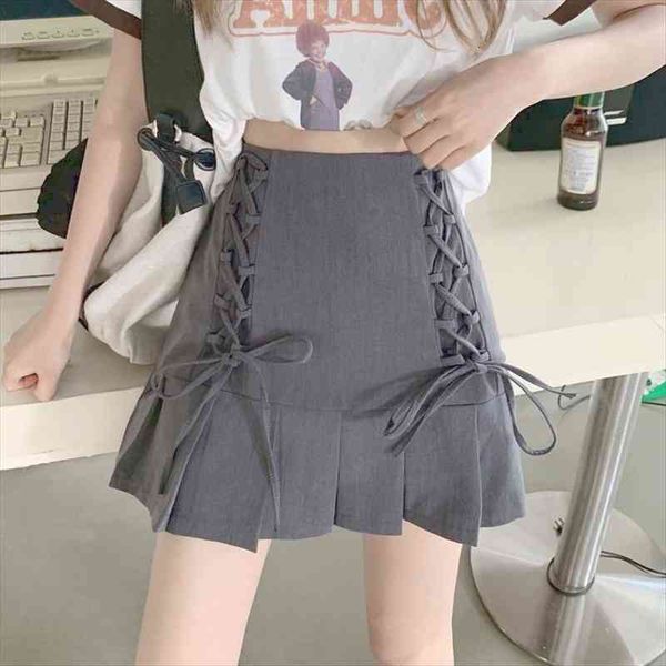 

pleated skirt women summer high-waisted streetwear casual mini skirts y2k bandage design sweet fashion korean clothing, Black