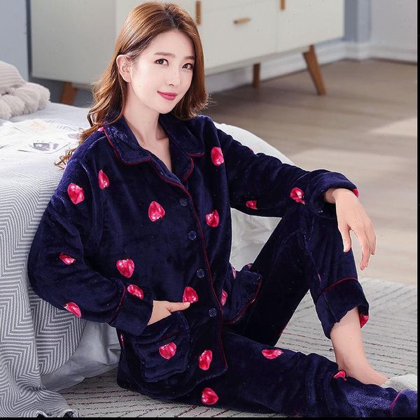 

pajama sets winter warm coral women sleepwear fleece pajamas set flannel thick pyjamas long homewear sleep lounge, Black;red
