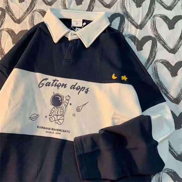 

summer long sleeve polo collar oversize hoodie women korean loose letter print jacket pullover hoodies sweatshirt 210813, Black