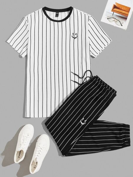 

men striped print expression embroidered tee & drawstring waist sweatpants 91ye#, Gray