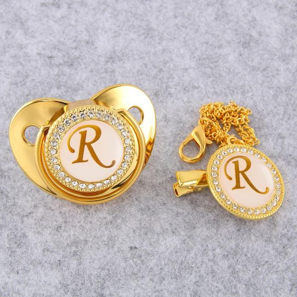 

pacifiers# gold name 26 initials letter baby pacifier and clip 0-18 months orthodontic nipple gift set
