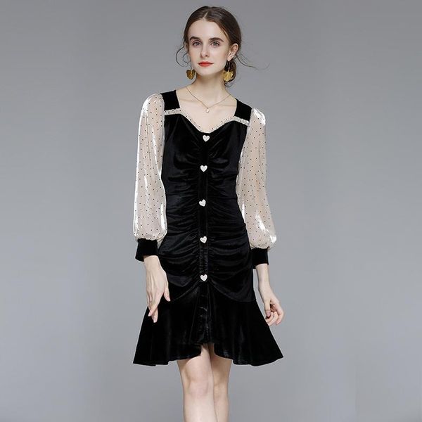 

casual dresses runway designer elegant autumn winter velour dress women clothes long sleeve dot patchwork party robe femme trumpet vestidos, Black;gray