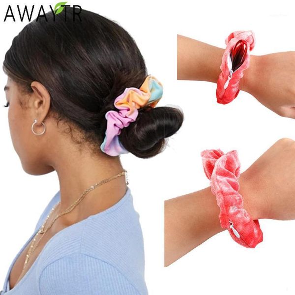 

zipper scrunchies women funny velvet elastic hairband winter hair tie pocket ponytail holder accessories headdress1