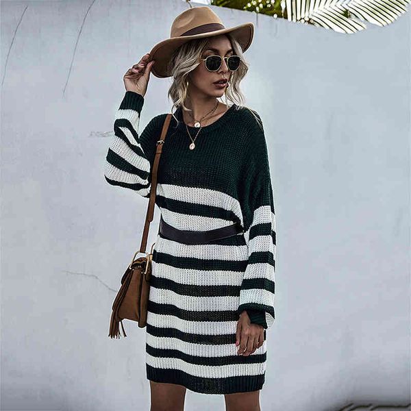 

women casual striped knitted mini dress o-neck loose women's dress autumn new arrival batwing sleeve holiday work wear 210412, Black;gray