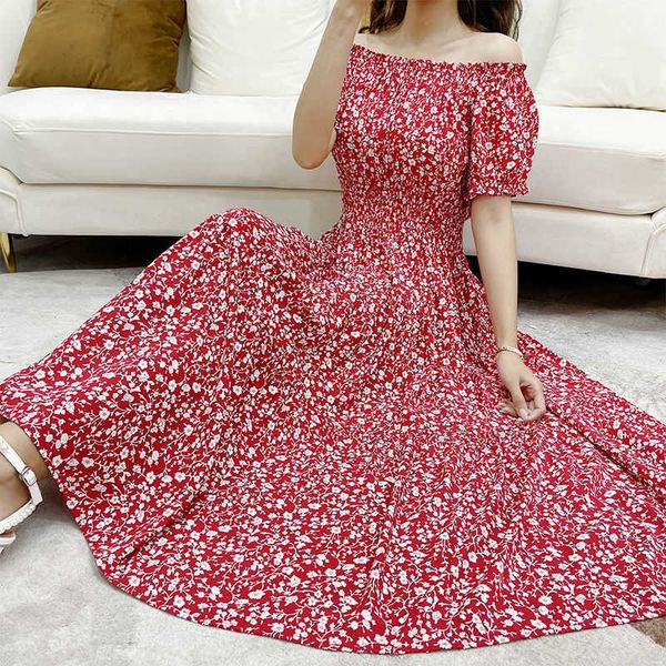 

fashion off shoulder floral print boho maxi dress summer women slash neck short sleeve beach holiday ruffles robe plus size 210526, Black;gray