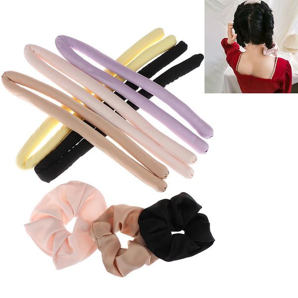 

hair straighteners heatless curling rod headband lazy curler silk ribbon rollers soft wave easy salon styling curly tool, Black