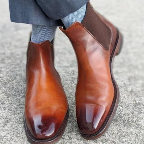 

trendy round toe low heel chelsea boots men classic dress brown gradient pu business suit denim full match dh361, Black