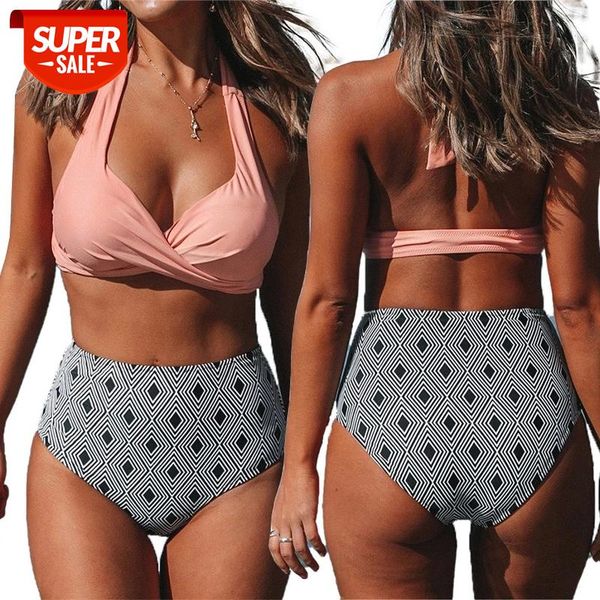 

women push up pink padded bra bikini sets retro high waist bottom swimwear female beach swimming suit biquini #ey2z, White;black