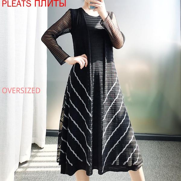 

miyake fold autumn mid-length dress fake two-piece long sleeve plus size elegant vestido fashion shein casual dresses, Black;gray