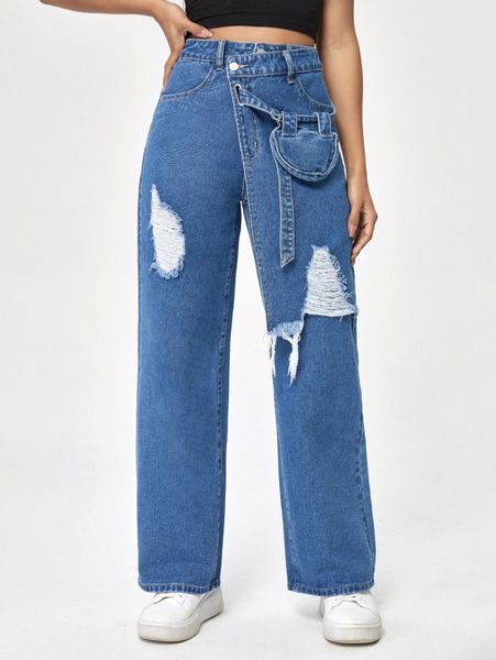 

ripped wide leg jeans with bag h8lv#, Blue