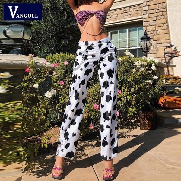 

women's pants & capris vangull elastic high waist milk cow print women harajuku streetwear straight loose joggers trousers pantalon fem, Black;white
