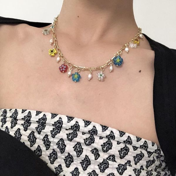 

chains 2021 bohemian handmade beads pearls chain choker necklace for girls glass colorful stone statement jewelry, Silver
