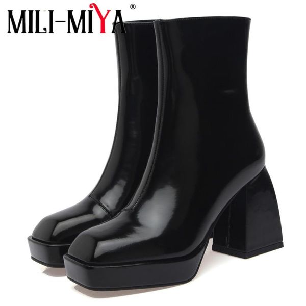 

boots mili-miya design short ankle women chunky high heels elegant square toe side zipper daily life wild shoes, Black