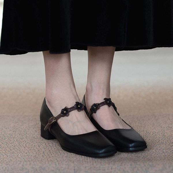 

women mary janes shoes flowers designer 2021 fashion mid heels dress square toe party for female 8558c, Black
