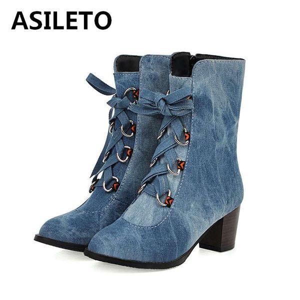 

boots asileto big size 46 mid heel zipper women cross tied high heels shoes woman blue cowboy ankle booties lady, Black