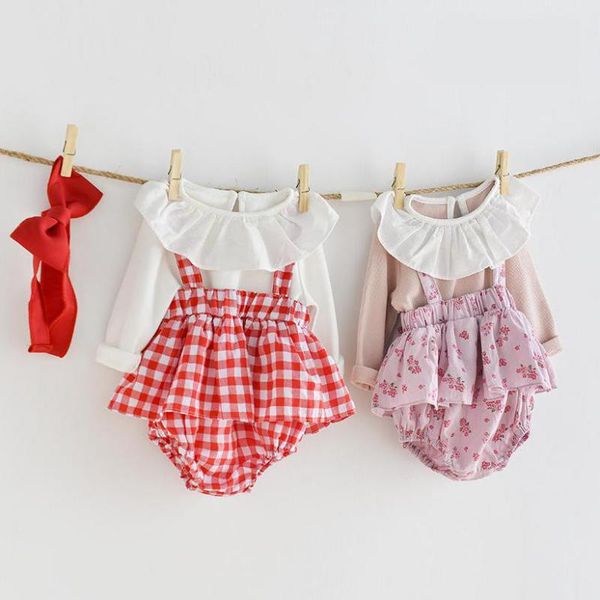 Neugeborenes Mädchen BodySuit Kinderkinder ärmellose Overalls Plaid Girls Jumpsuit Schöne Blumengurt Kleid Fashion Baby Outfit 210413