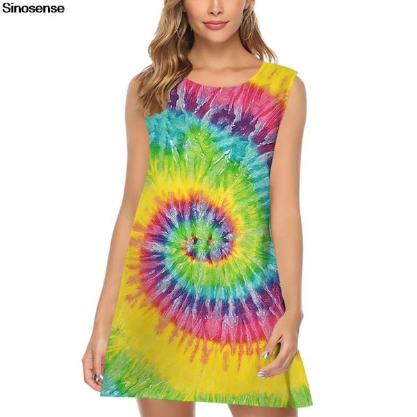 

casual dresses women sleeveless tunic tank dress vestidossummer beach mini tie dye print o neck a line boho loose chiffon, Black;gray