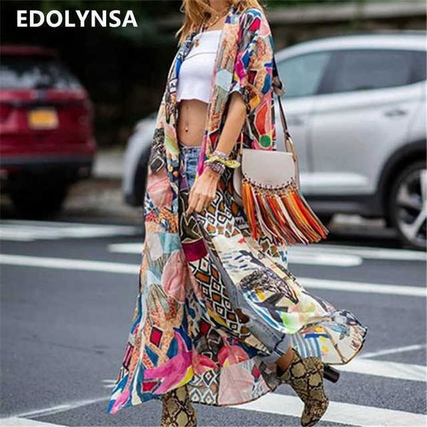 Boho Print Yarım Kollu Elbise Yaz Plaj Giymek Uzun Kimono Artı Boyutu Kadın Giysileri Seksi V Yaka Bayan Gevşek Elbiseler N796 210608