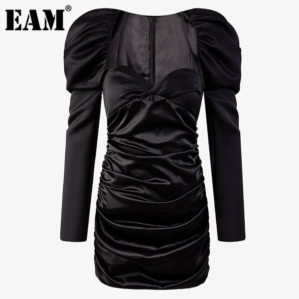 

[eam] women black folds hollow out dress square collar long puff sleeve loose fit fashion spring autumn 1dd6946 21512, Black;gray