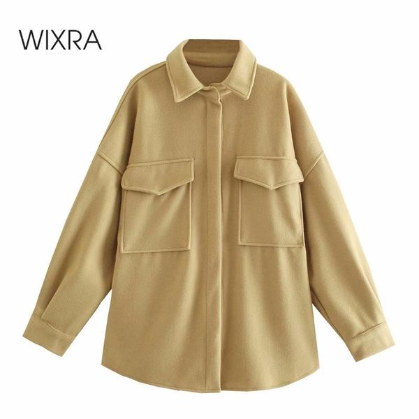 

women's jackets wixra women wool blends shirt jacket coat ladies pockets thick turn down collar female casual streetwear outerwear, Black;brown