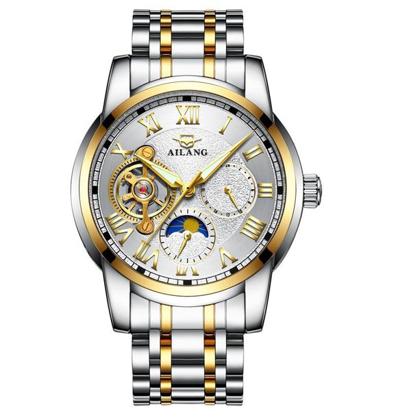 

wristwatches men automatic mechanical tourbillon watches fashion sport watch waterproof multifution army bright luxury full steel, Slivery;brown