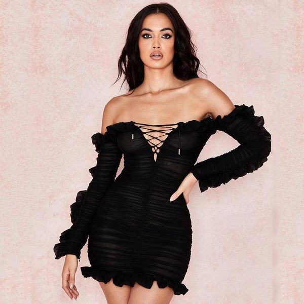 

casual dresses off shoulder long sleeve ruched bodycon bandage dress women black mesh mini club party lace up ruffle vestido mt4013, Black;gray