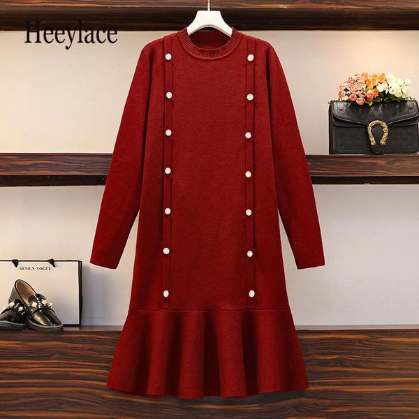 

casual dresses plus size women knitted autumn winter long sleeve solid o neck ruffles korean basic sweater 4xl vestidos, Black;gray