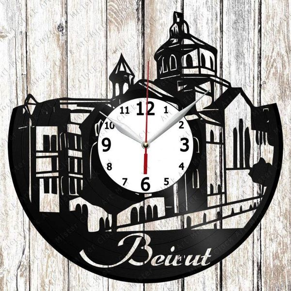 Orologi da parete Beirut Skyline Orologio da record Home Art Decor Design unico Fatto a mano Regalo originale Fan esclusivo nero