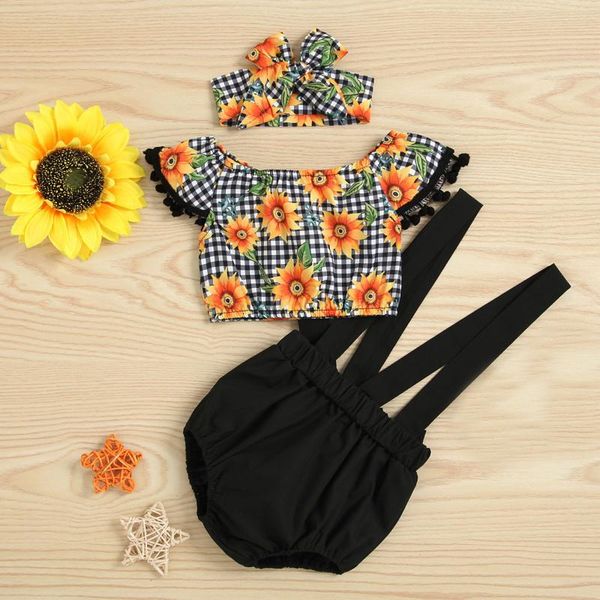 

clothing sets 3pcs summer outfits born baby girl clothes set sunflower plaid print blouse +headband+suspended jumpsuit fashion, White