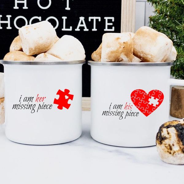 

mugs enamel coffee tea milk juice cups i am her/his missing piece creative print breakfast mug lovers anniversary gifts