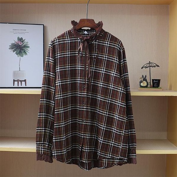 

japanese mori women's 2021 autumn and winter retro wood ears stand-up neck tie sanded thickened shirt base blouses & shirts, White
