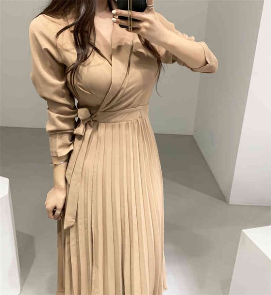 

casual dresses vintage black pleated dress women slim v neck fashion spring autumn long robe vestidos ladies elegant bandage cloth, Black;gray