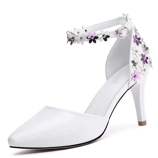 

classic sandals women ankle strap sweet flowers shoes pointed toe thin heels women's buckle pumps high yg-b0336, Black
