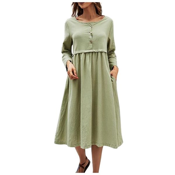 

casual dresses autumn winter round neck loose button pocket long dress women cotton and linen sleeves solid color pullover vintage, Black;gray
