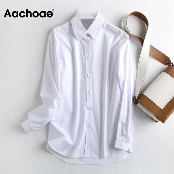 

aachoae women casual office white cotton shirts turn down collar work wear shirt female long sleeve loose blouse 210413