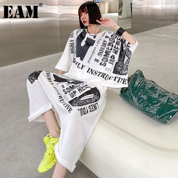 

[eam] wide leg pants two piece print suit round neck three-quarter sleeve black women fashion spring summer 2021 1dd7190 women's, White