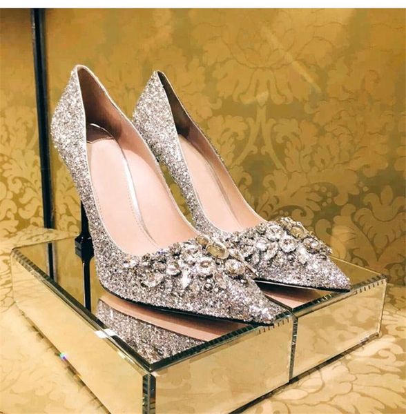

dress shoes 2021 summer fashion shiny diamond high heels women pumps runway brand pointed toe ladies party wedding sandals, Black