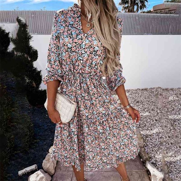 Maxi abiti con stampa floreale vintage per le donne Estate manica lunga con scollo a V Ruffles Ladies Spring Casual Party Dress Vestidos 210623