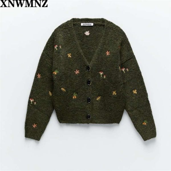 

xnwmnz za women vintage knit cardigan with embroidery long sleeves v-neck ribbed trims cardigan female elegant sweater outerwear 210929, White;black